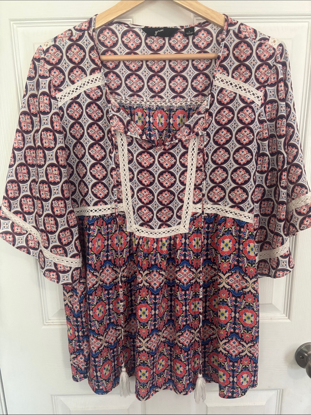 GNW Navy and Pink Medallion Boho Peasant Tunic